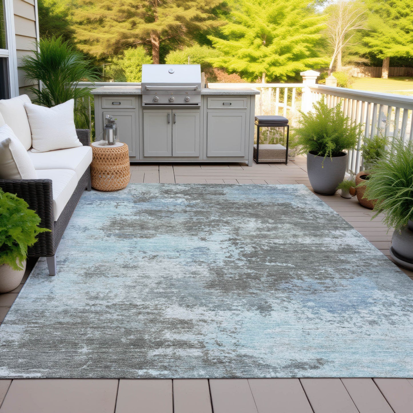 3' X 5' Taupe And Sky Blue Abstract Washable Indoor Outdoor Area Rug-1