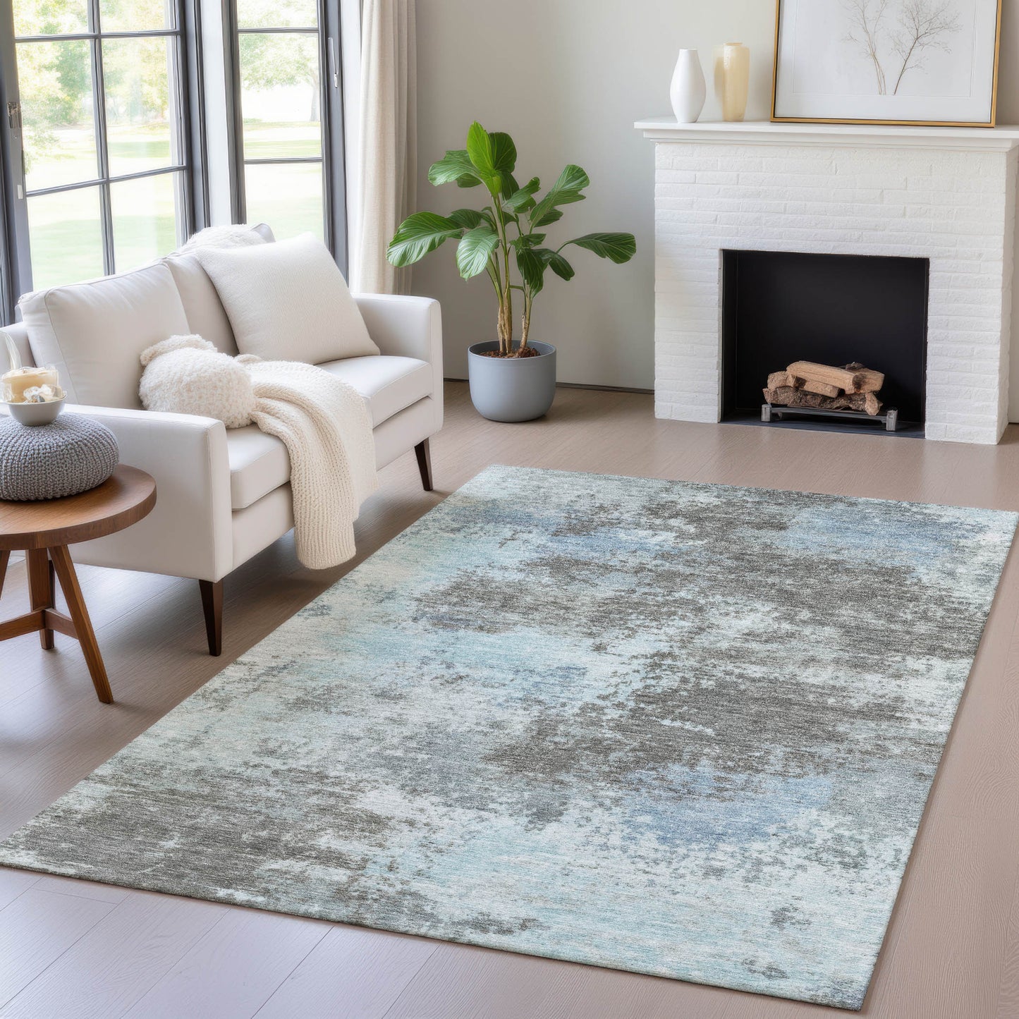 3' X 5' Taupe And Sky Blue Abstract Washable Indoor Outdoor Area Rug-0