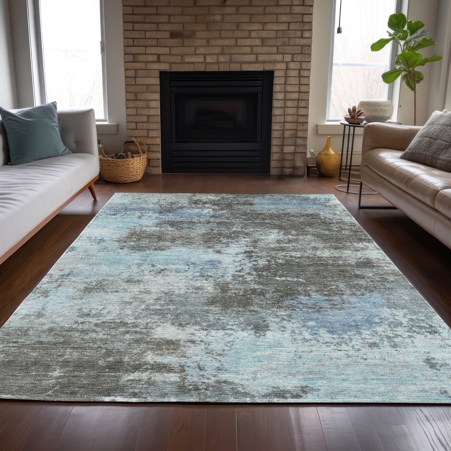 3' X 5' Taupe And Sky Blue Abstract Washable Indoor Outdoor Area Rug-2